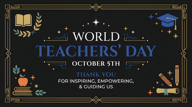 World teachers day greeting card with vintage frame and school icons teacher appreciation graduation cap