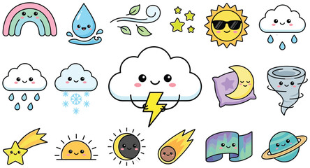 Cute Weather and Space Icon Set Featuring Rainbow, Raindrops, Clouds, Sun, Moon, Stars, Lightning, Tornado, Comets, Planets, and Kawaii Characters © Md Julfikar