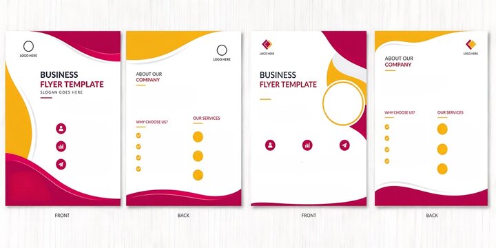 Modern business flyer template set with wavy red and yellow shapes, professional corporate brochure layout, marketing leaflet design