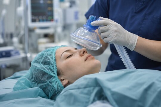 Anesthesiologist holding oxygen mask over female patient