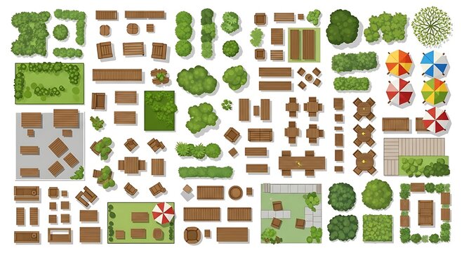 Top view landscape design elements with trees and garden furniture