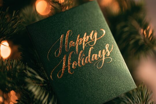 Cursive gold holiday script over pine greenery with soft glow for festive greeting design