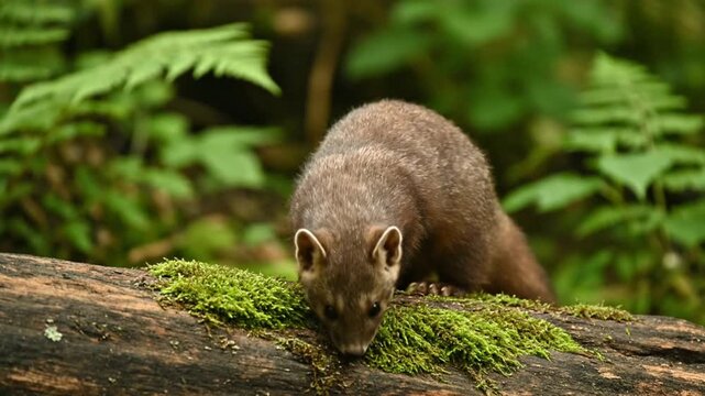 Wild Pine Marten Crawling on Mossy Tree Log in Forest