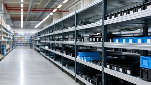 Long aisle of industrial warehouse shelves ed with blue and black plastic bins under bright overhead lighting