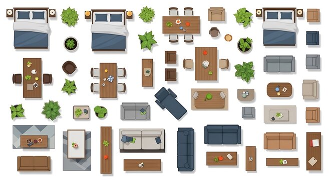 Top view furniture icons for house interior design and floor plans