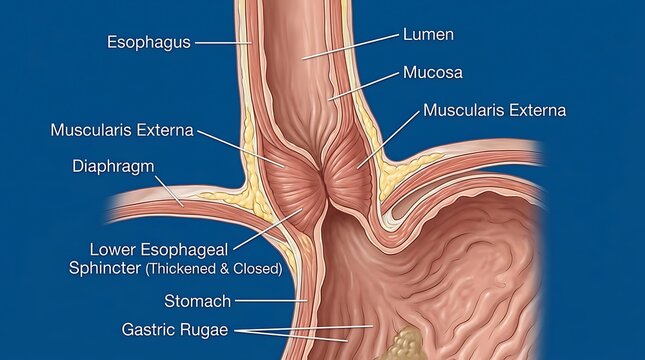 Medical illustration of the human digestive system showing the lower esophageal sphincter and stomach