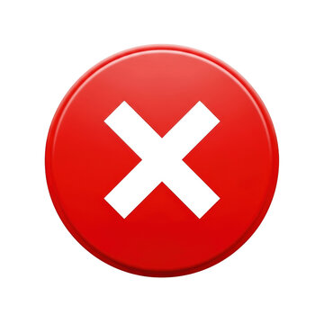 Red circular button with white cross mark icon 3d render isolated on clear background.