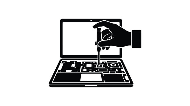 Laptop repair silhouette with hand holding screwdriver on white background