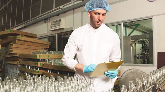 Food factory worker in protective uniform inspecting glass bottle of red sauce, ensuring product quality and consistency on production line
