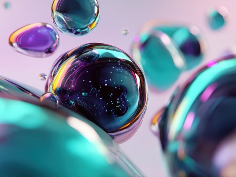 Abstract composition of glowing liquid bubbles with cosmic patterns