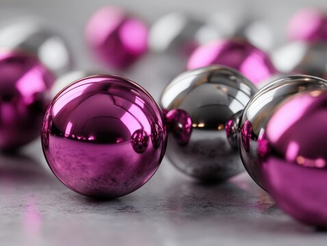 Shiny metallic spheres of chrome and magenta arranged on a gray surface