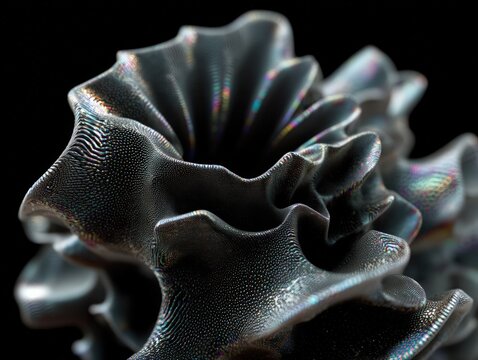 Macro shot of iridescent folded petals on a black background