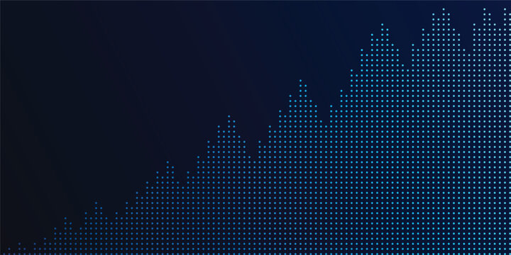 Abstract digital financial graph showing upward market trend on dark blue background for business data analytics
