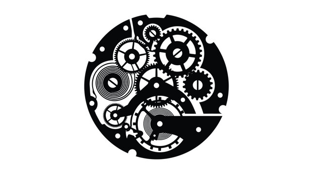 Intricate clockwork mechanism silhouette against a white background