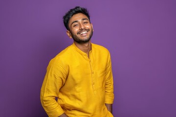 Fototapeta premium Smiling young man wearing a mustard yellow kurta against a solid purple backdrop