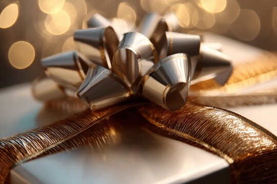 Wrapped gift box tied with a luxurious golden ribbon, set against soft bokeh lights.