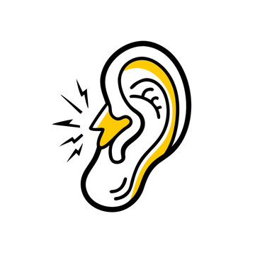 Ear ache icon with yellow lightning flash symbol in sketch style art.