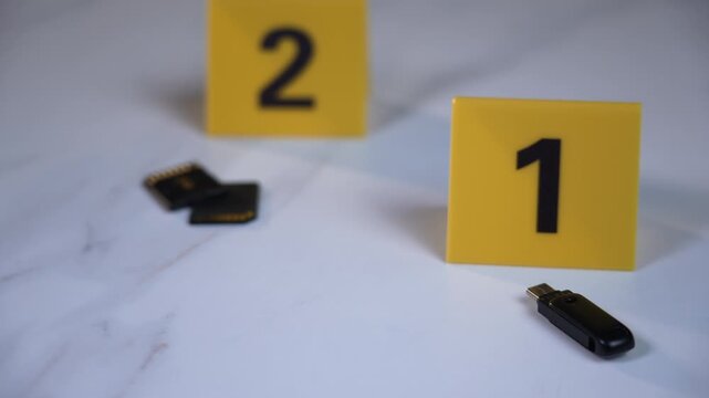 USB drive and SD cards at yellow evidence markers on white marble surface for digital forensics cyber crime investigation, tilt up with focus shift from marker 1 to 2