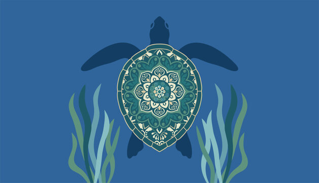 Majestic sea turtle swimming with a beautiful mandala pattern on its shell surrounded by green seaweed underwater.