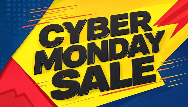 Cyber monday sale promotional sign with black lettering against diagonal yellow and blue background online shopping big sale sales event promotion design e commerce abstract background shopping