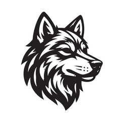 Obraz premium Bold black wolf head silhouette emblem vector, original geometric design, sharp ears and distinctive fur contours, strong symmetrical composition, clean negative space