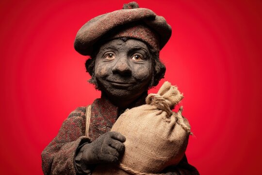 Stylized puppet character holding a burlap sack against a solid red background