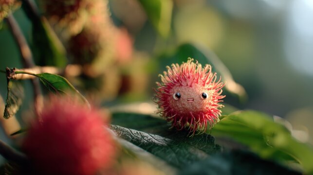Macro shot of vibrant red prickly fruit growing among lush green foliage
