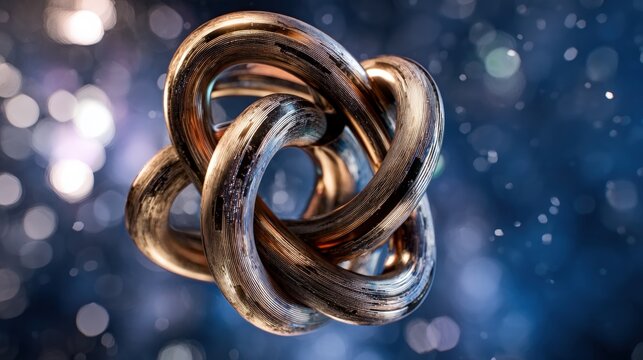 Interwoven abstract gold metal loop sculpture on dark blue backdrop