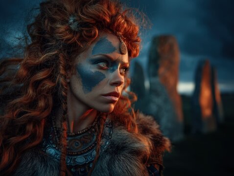 Dramatic portrait of a fantasy woman with red curly hair against desert buttes