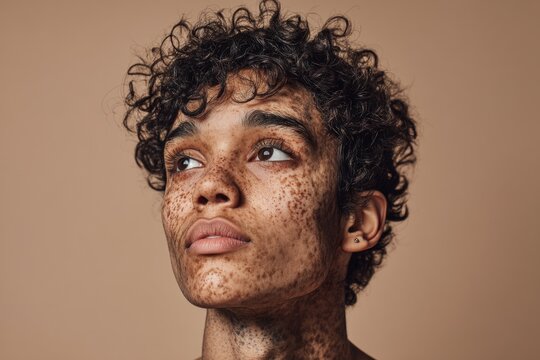 Portrait of a young person with dark curly hair against a neutral background