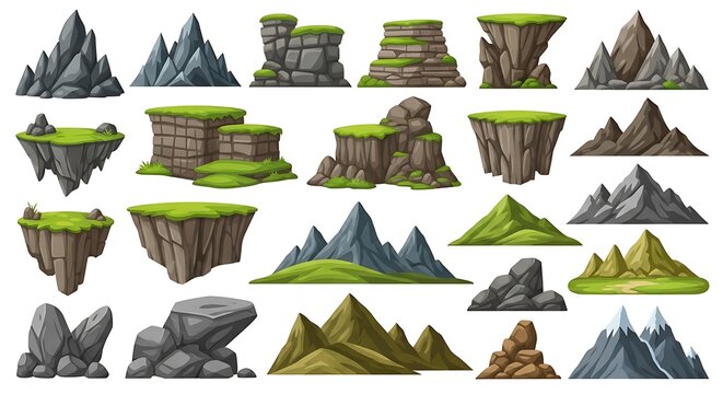 Set of cartoon mountain and cliff stone formations with green grass
