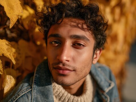 Portrait of a young man surrounded by warm autumn foliage