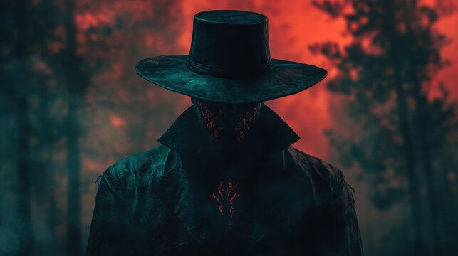 Ominous silhouette of a mysterious figure wearing a wide-brimmed hat in a foggy woods