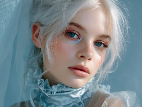 Close-up portrait of a young blonde woman with blue eyes