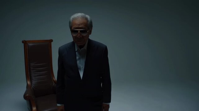 Older man in dark formal suit and sunglasses stands beside wooden chair under focused overhead light, gradually appearing farther from camera in minimalist gray studio