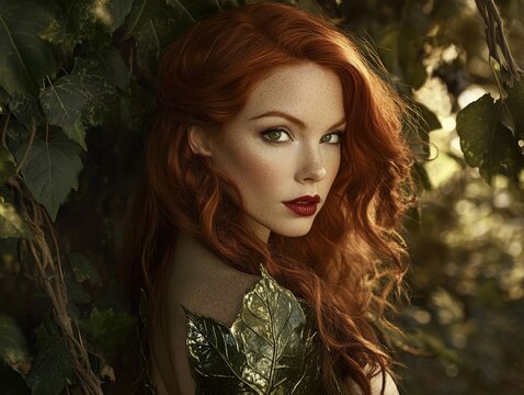 Cinematic portrait of a beautiful redhead among lush forest foliage