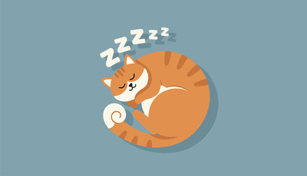 Cute orange tabby cat curled up and sleeping peacefully with zzz speech bubbles above its head for nap time concept.