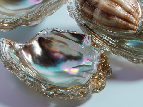 Close-up of iridescent oyster shells on a neutral surface