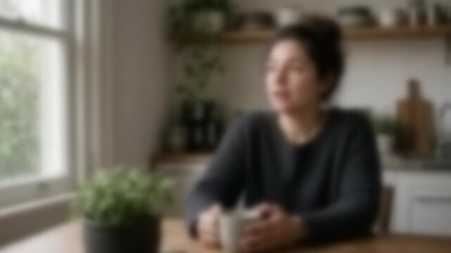 Woman with a mug listening on a video call at a kitchen table, Full Gaussian Blur Abstract