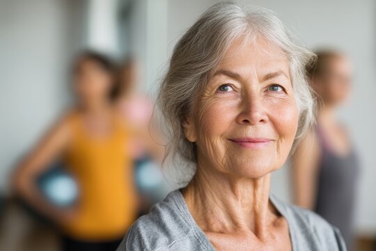 Mature woman portrait in wellness studio with background activity
