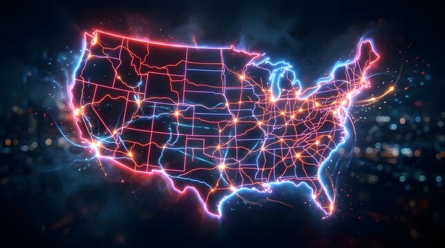 Glowing neon map of the United States of America featuring intricate red and blue light trails across state borders against a dark blurred city background