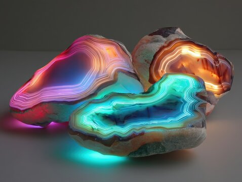 Three Glowing Polished Crystals Displaying Vibrant Internal Energy Colors