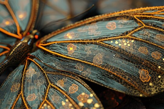 Macro view of blue and brown butterfly wings