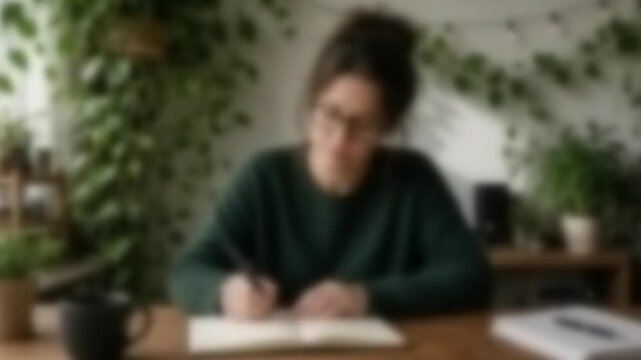 Woman with glasses taking notes during a video call in a plant-filled home studio, Full Gaussian Blur Abstract