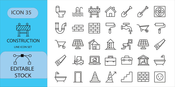 Editable Linear Construction and Building Vector Icon Set