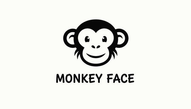 Minimalist monkey face logo in solid black featuring a friendly smiling expression and bold black monkey face text.