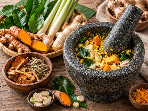 Rustic Thai herbal ingredients in mortar and pestle for natural remedy concept