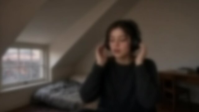 Young woman adjusting headphones on a video call in an attic room, Full Gaussian Blur Abstract