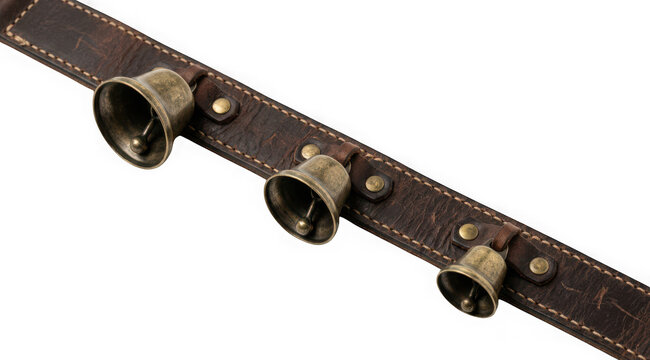 Leather strap with three antique brass bells isolated on transparent background
