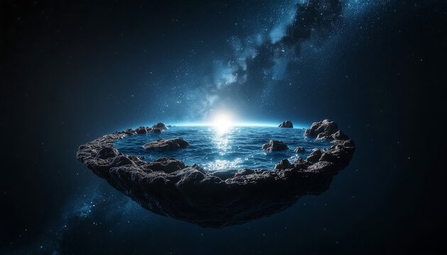 Surreal floating ocean island suspended in a deep space void with a glowing galactic horizon and ethereal starry nebula background